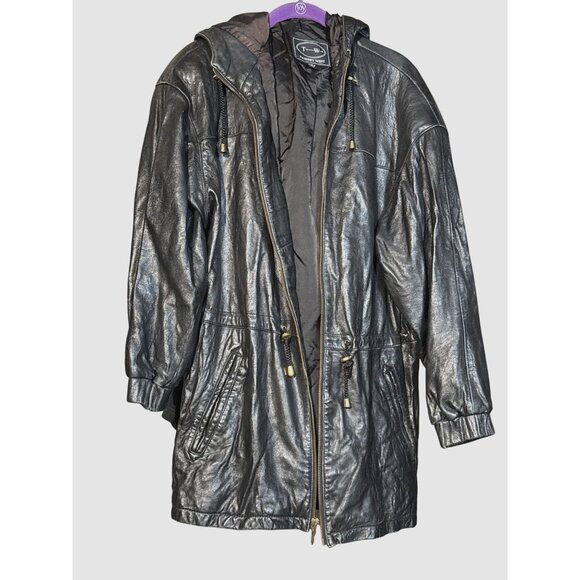 Tannery West Black Hooded Leather Jacket With Gold Accent Zippers Zip-Up Front & - Picture 3 of 16